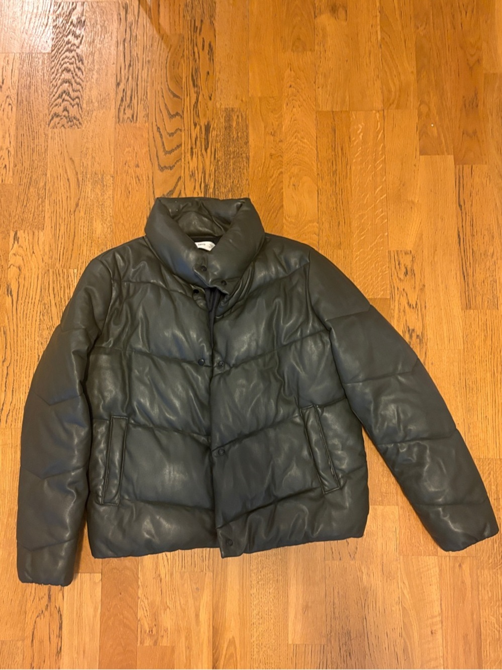 Mango Quilted Puffer Faux Leather Jacket in Olive Green